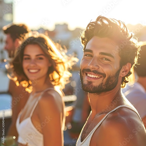 Young adults smiling at outdoor event.