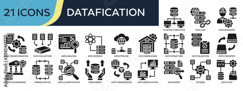 Foto Collection of Datafication icons, related to Cluster Computing, Data Transformation, Data Analysis, Schema, Data Structure and more