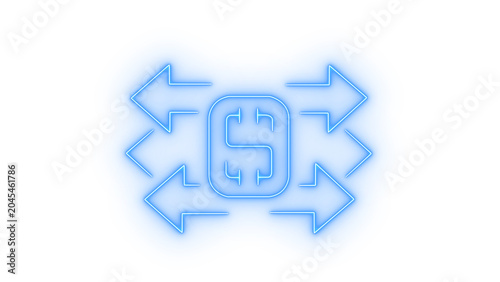 Schilderij op canvas Neon blue dollar sign with arrows pointing in four directions representing excha