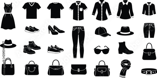 Collection of clothing and fashion accessories icons including shirts dresses footwear and handbags for retail and apparel design vector