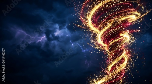 Golden glowing vortex of particles swirling against a stormy sky