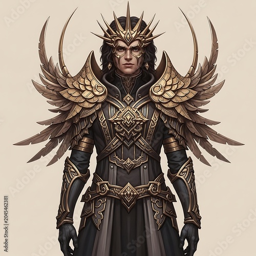 Fantasy Warrior King in Ornate Golden Armor with Winged Epaulets.