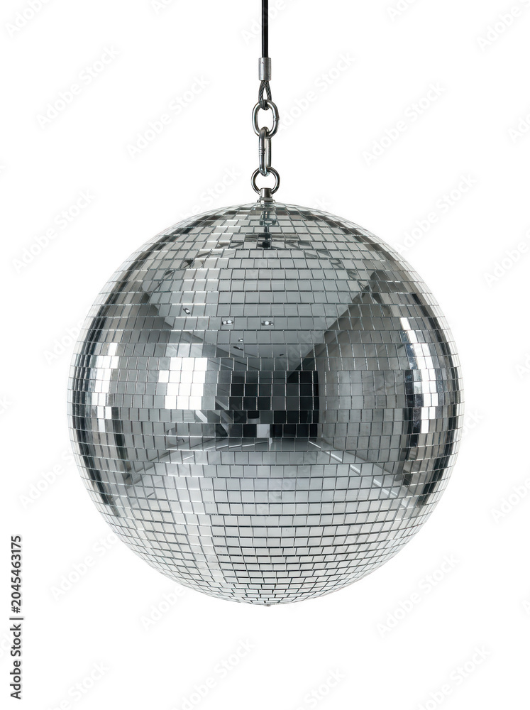 Fototapeta premium Shiny silver disco ball hanging from a metal chain