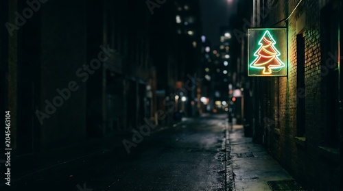 Neon christmas tree sign glowing in a dark urban alleyway at night