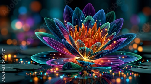 Colorful water lily with soft neon glow.