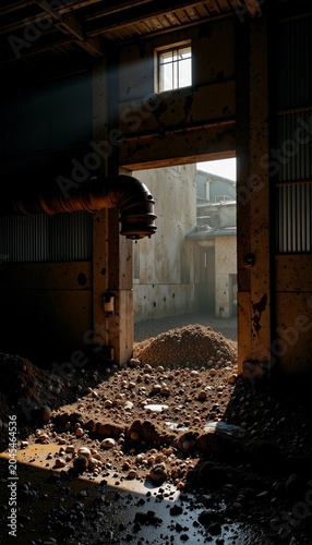 Abandoned Warehouse Interior with Sunlit Entrance.