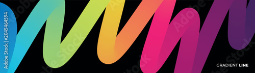 Abstract panoramic banner featuring a creative curved gradient line with vibrant fluid loops on dark background