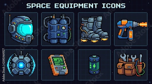 Detailed pixel art set of futuristic space exploration mission equipment icons