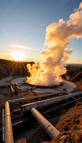 Geothermal Power Plant Emitting Steam at Sunrise.