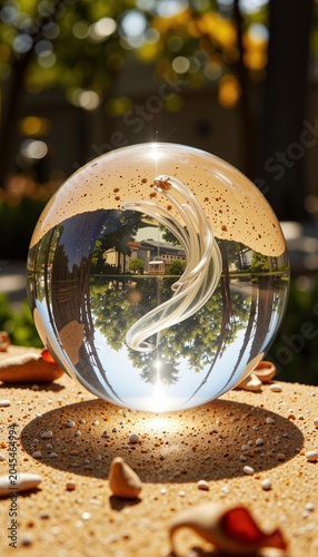 Glass Sphere Reflecting Autumn Leaves and Sunlight.
