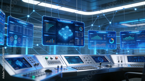Futuristic control room with glowing digital displays