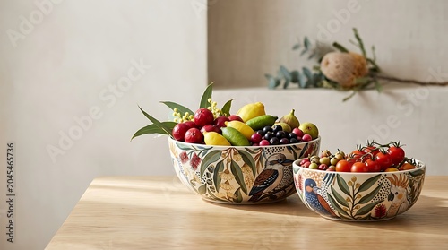 Fresh fruit in decorative ceramic bowls on a wooden table