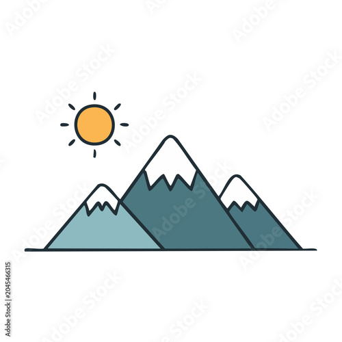 Flat design illustration of mountains with snow and sun