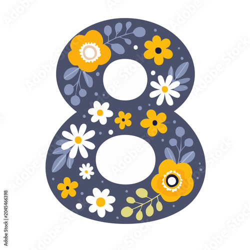 Number 8 decorated with yellow and white flowers and leaves