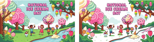 National Ice Cream Day Colorful Cartoon Illustration with City, Kids and Fantasy Dessert Landscapes