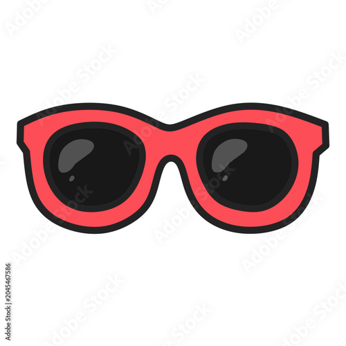 Red frame sunglasses with dark lenses flat cartoon icon illustration symbolizing summer fashion accessory, UV sun protection and stylish eyewear