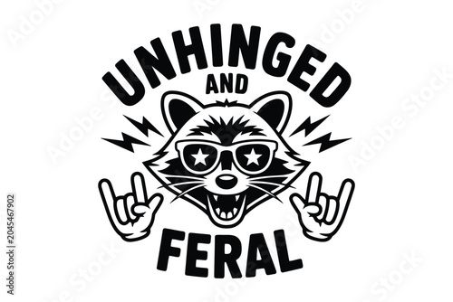 Black and white of a rock and roll raccoon with sunglasses and hand gestures