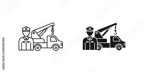 Obraz na płótnie Tow truck driver and vehicle icon set with roadside assistance transport profess