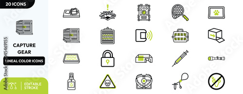 Wildlife Capture Gear Line Icons Set with Equipment.