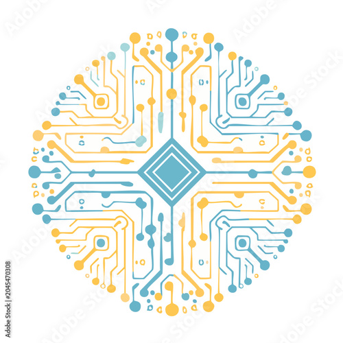 Abstract circuit board pattern in blue and yellow