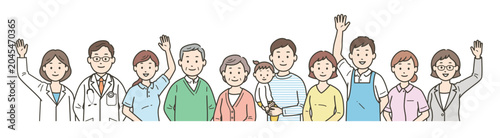 高齢者夫婦と社会福祉を支える医師と看護師と介護士とケアマネージャーと栄養士が集合した上半イラスト
