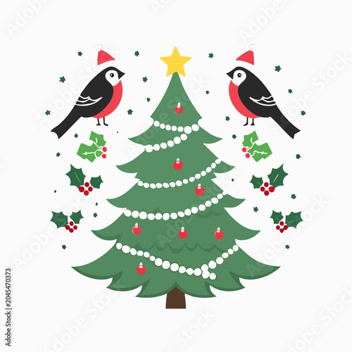 Christmas Tree with Birds Wearing Santa Hats and Holly Berries