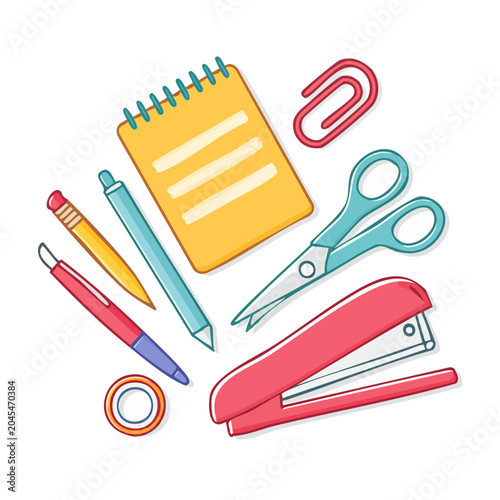 Collection of colorful stationery supplies on white background