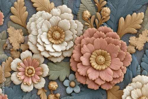Intricate Floral Pattern Close Up Detailed Textured Flowers White Pink Blue Gold and Green Hues