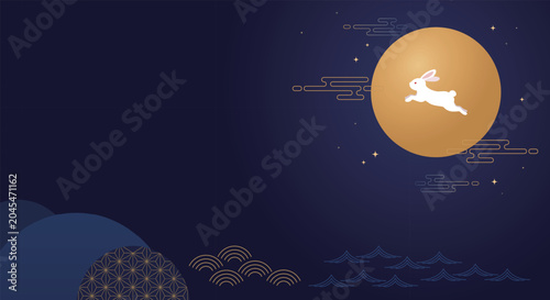 Luxury Mid Autumn Festival Background with Moon Rabbit and Golden Moon