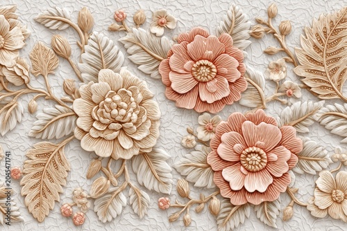 Intricate Floral Pattern With Textured Embossed Flowers And Leaves In Warm Earth Tones On White Background