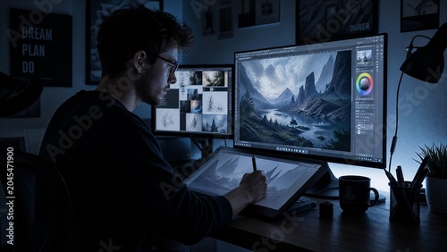 Professional Digital Artist Working on Illustration at Night in Studio