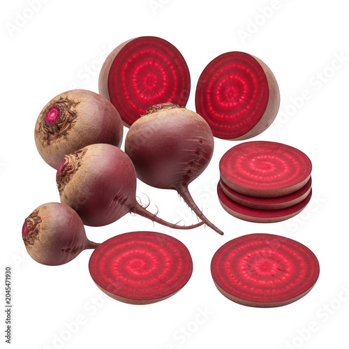 fresh whole and sliced beets with earthy skin isolated on transparent background