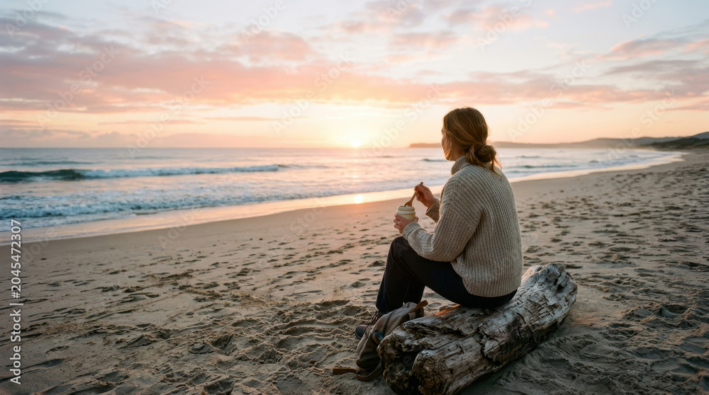 Fototapeta premium Woman beach yogurt sunset ocean eating sand log sweater relaxed woman eating yogurt on sandy beach at sunset beside ocean wave, sitting on driftwood log in warm sweater with calm relaxed mood