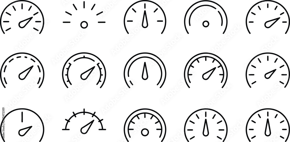 Fototapeta premium Speedometer, icon set, editable stroke gauge and tachometer symbols showing speed measurement and performance monitoring for digital interfaces.