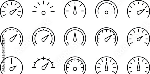Speedometer, icon set, editable stroke gauge and tachometer symbols showing speed measurement and performance monitoring for digital interfaces.