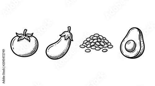 Foto Collection of hand-drawn healthy ingredients for cooking, isolated on white back