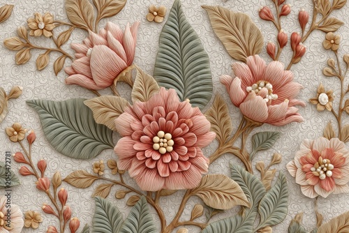 Intricate Floral Tapestry with Textured Peony Blossoms and Leaf Motifs in Earth Tones