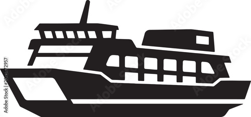 Fotografija Black ferry boat transportation icon with upper deck on transparent