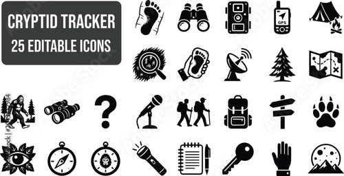 Schilderij op canvas Cryptid Tracker Icons Flat Black Vector Set On White Background