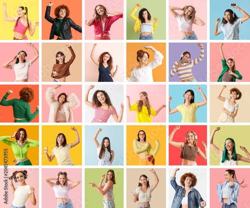 Collage of many women dancing and listening to music on color background