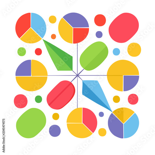 Colorful geometric pattern with pie charts and abstract shapes