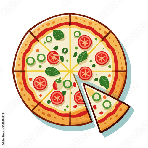 Flat design illustration of a sliced pizza with tomato and basil
