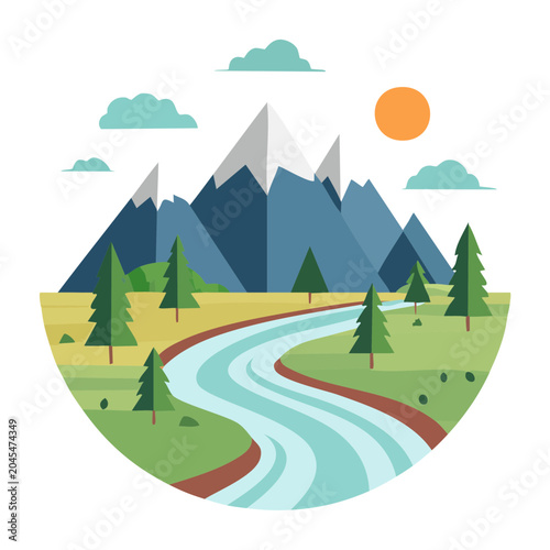 Flat design mountain landscape with river and sun