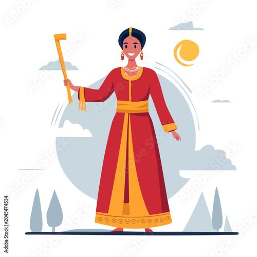 Woman in Traditional Red and Yellow Dress Holding a Staff