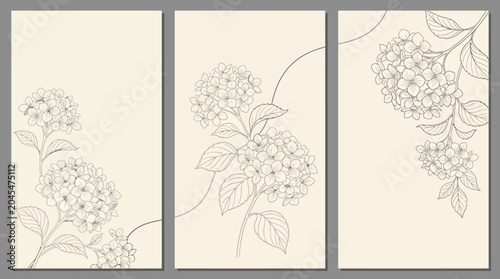 Three-panel beige botanical line art print featuring delicate floral clusters and leaves for modern wall decor