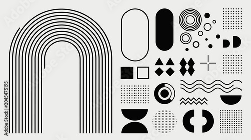 Abstract geometric arch design with concentric curves and assorted shapes for a modern black-and-white background and graphic art