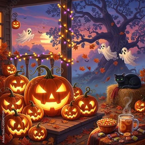 Festive Halloween Porch Scene with Glowing Jack o Lanterns and Cute Ghosts.