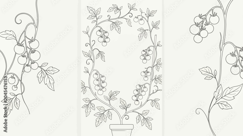 Obraz premium Elegant botanical line art triptych with intertwining vines, floral wreaths, and decorative borders across three panels for design, illustration, and pattern inspiration