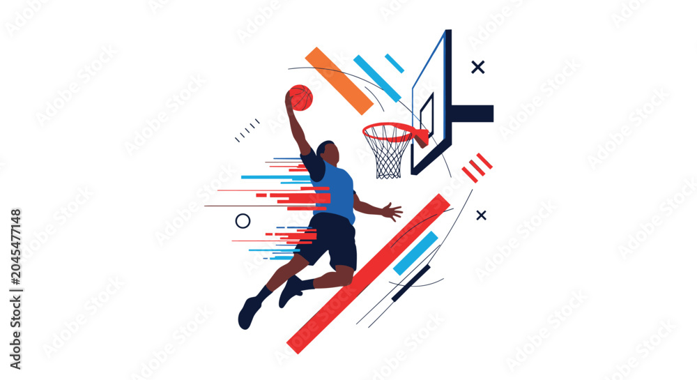 Fototapeta premium Dynamic professional basketball player jumping high for a powerful slam dunk with stylized motion lines and geometric shapes.