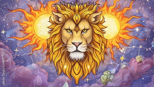 Leo Zodiac Sign with Sun, Stars and Clouds in a Mystical Fantasy Style